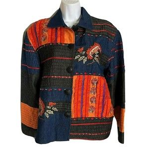 Women's Coldwater Creek Embroidered Jacket Size XSM Silk Trim Blue & Orange Scha